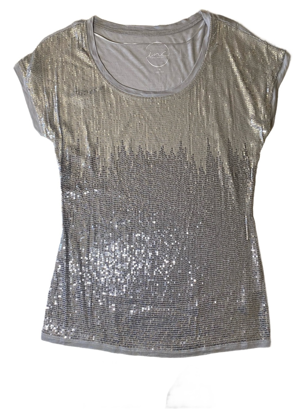 INC International Concepts Silver Sequin Short Sleeve Scoop Neck Top Size M